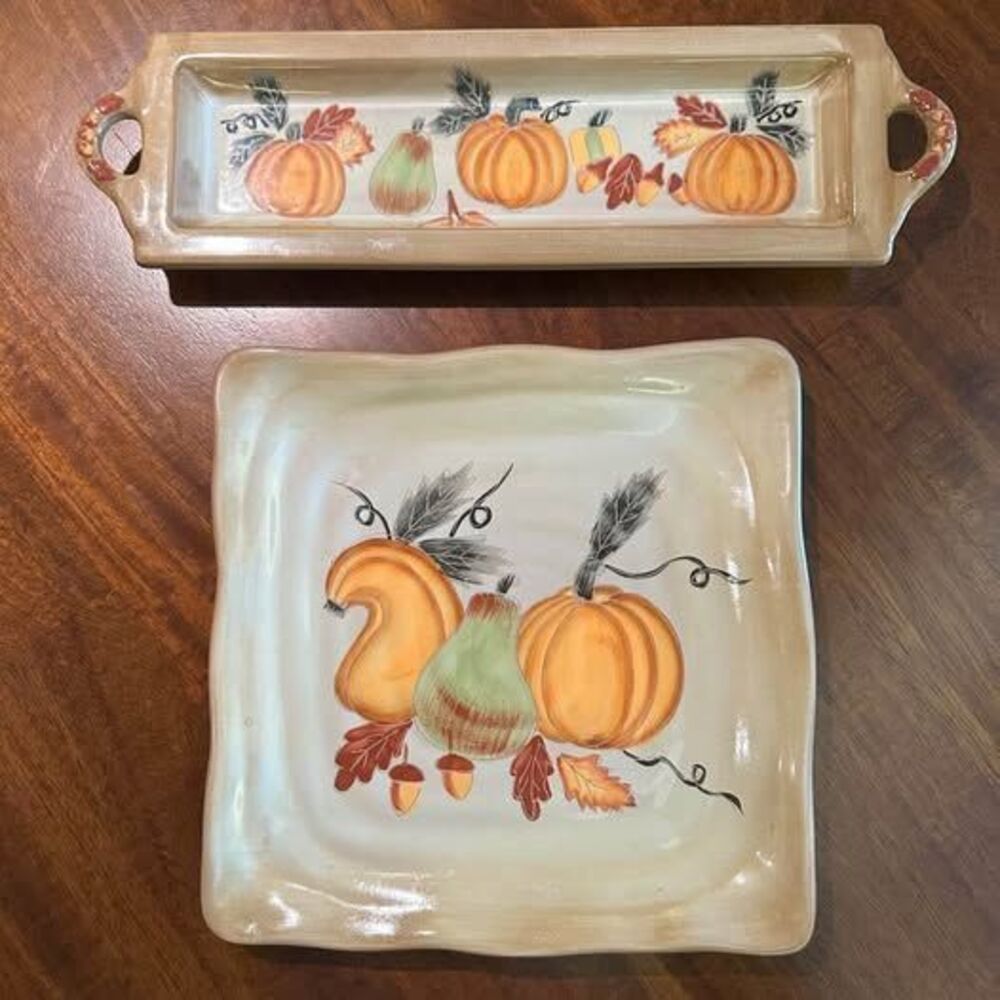 Harvest Vintage Autumn Pumpkin Patch Ceramic Serving Dishes Set/2 Fall Decor